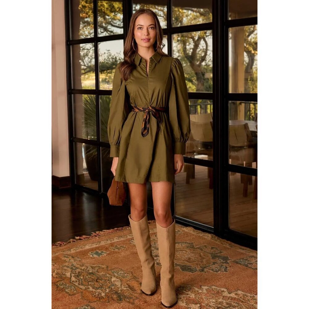 Avara Rhett Dress Mini Zip Up Balloon Sleeve Zip Up Cotton Poplin Olive Green L - Picture 2 of 13